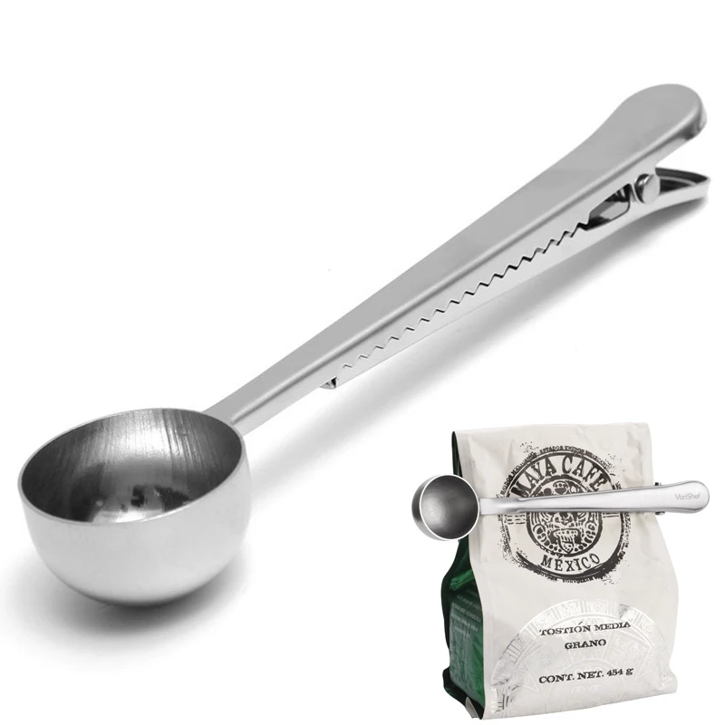 

New Stainless Steel Coffee bean Scoop + Bag Seal Clip Multi-function Ice-cream Spoon Coffee & Tea Tools Kitchen Bar Accessories