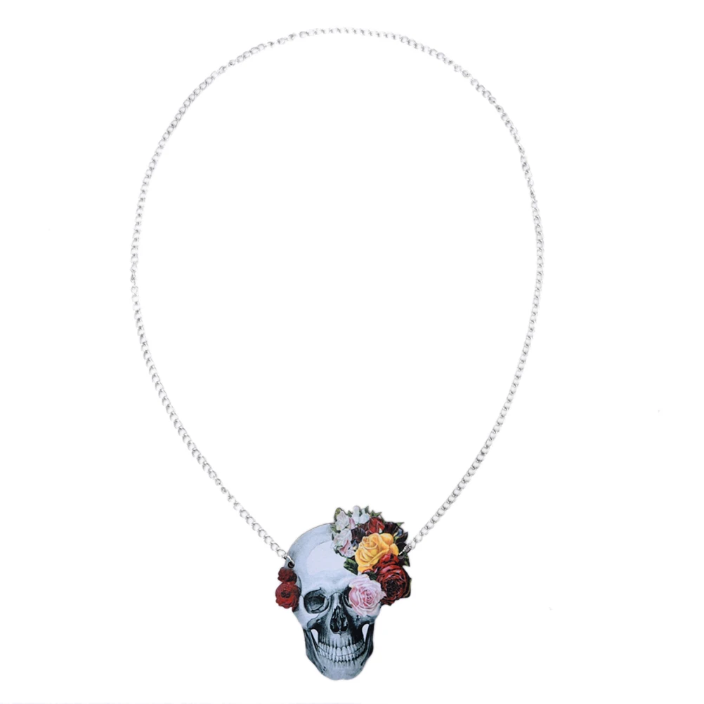 Flower Rose Skull Necklace 70 CM Long Chain Neckalce Skeleton Wood Acrylic Pendant Chain Necklace Jewelry Gift 1pc