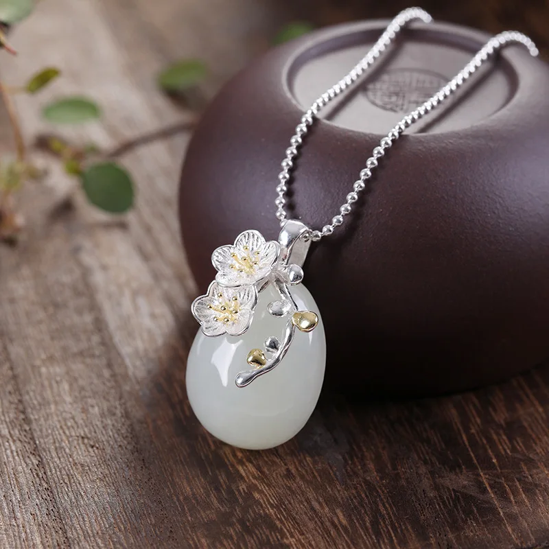 

S925 Silver Natural Hotan Jade Pendant Female Restoration Ethnic Temperament Jewelry Factory Direct