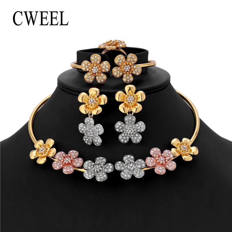 

CWEEL Women Jewelry Set Wedding Gold Color African Beads Jewelry Set Imitation Crystal Flower Earings Fashion Indian Jewellery