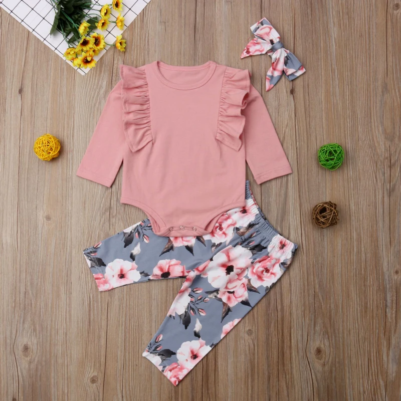 Верхний комбинезон с цветочным принтом для новорожденных девочек; длинные штаны; повязка на голову; комплект одежды с оборками; roupa infantil