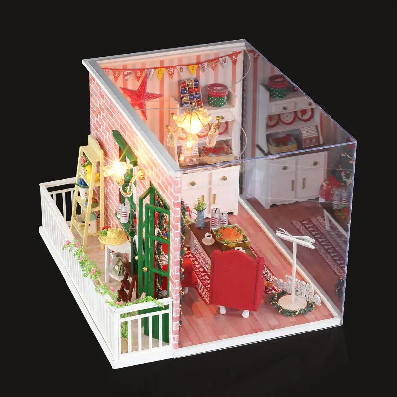 С рождественской елкой DIY деревянный кукольный дом игрушки кукольный домик миниатюрная коробка набор ручной работы кукольный домик как дети Рождество/подарок на день рождения