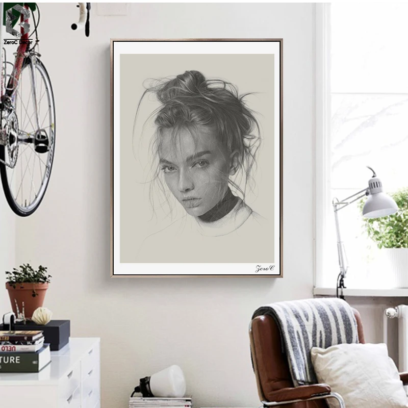 

Vintage Sketch Girl Canvas Art Posters and Prints Painting, Black White Wall Pictures for Living Room, Wall Decor Art