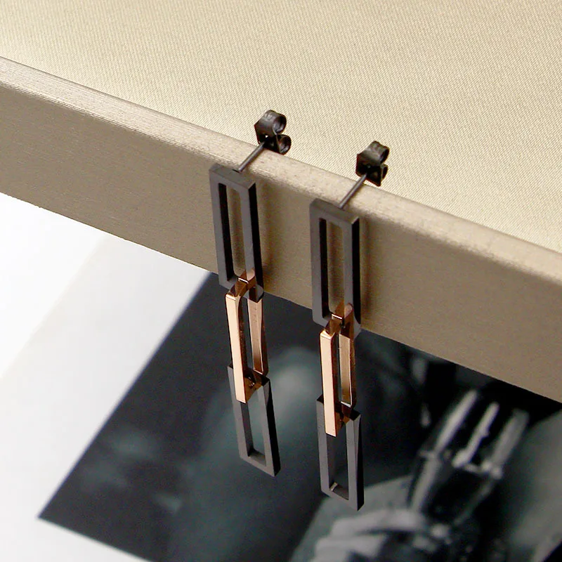 Титановая сталь, модные, три прямоугольных оправы, пряжка, черное розовое золото, большие серьги, хороший подарок, Женские Ювелирные изделия