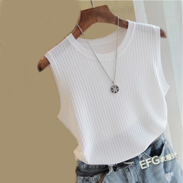 Knitted Vests Women Top O-neck Solid Tank Fashion Female Sleeveless Casual Thin Tops 2022 Summer Knit Woman Shirt Gilet Femme White