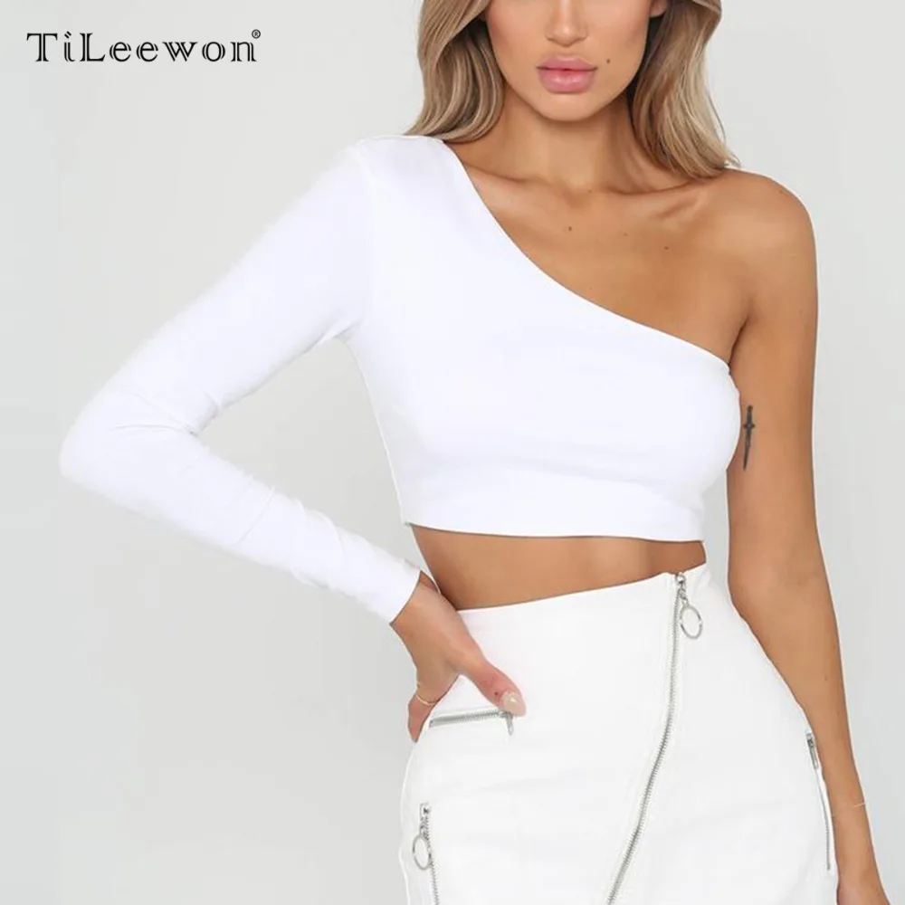 

Women Off Shoulder Sexy Female Crop Tops Single Sleeve Straps Tank Top Solid Lady Casual Top Clothes for Sexy Club Party