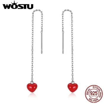 

WOSTU 100% Real 925 Sterling Silver Cute Red Heart Enamel Long Drop Earrings For Women Fashion Dangle Earring Jewelry CSE150