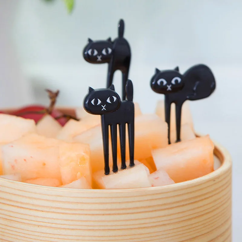 FHEAL New 6Pcs Mini Animal Fork Fruit Picks Cute Cartoon Black Cat Children Fork Toothpick Bento Lunch Box Decor Accessories  (7)