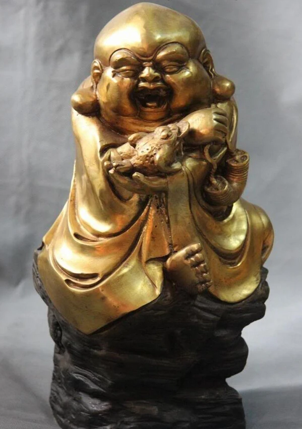 

USPS to USA S3422 14 Chinese Folk Myth Copper Bronze Gild liuhai Play Toad Buddha figure-Statue