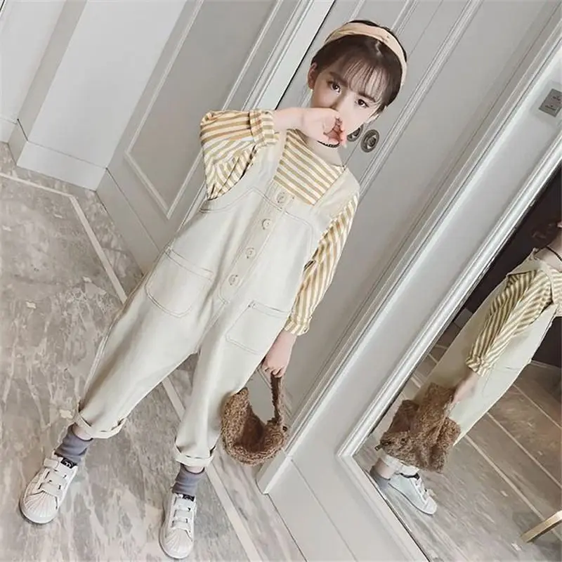 

2019 New Spring Autumn Kids Girls Cotton Suits Children Girl Striped Tops+Solid Overall Pants Sets Baby Girl Clothes 2Pcs T156