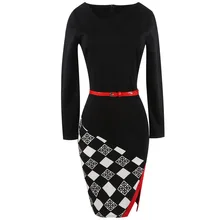Women’s 2018 Elegant Long Sleeve Black Plaid Tartan Patchwork Winter High Quality Belt Fashion Knitted Work Office Dress 350168