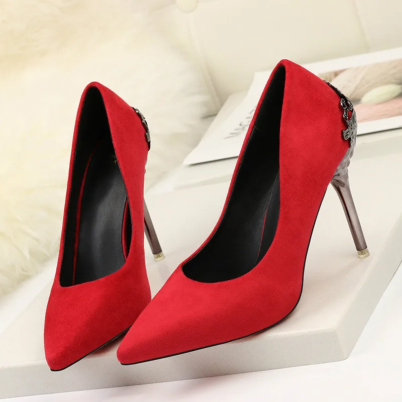 

New Women Pumps Shoes Frosted Slip-On Pointed Toe 9cm Thin High Heels Carved Metal Heel Shallow Party Wedding Lady Female Shoes