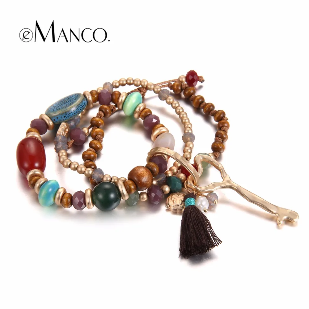 

eManco Bohemia Charms Multi Layers Bracelets for Women Vintage Ethnic Style Wood Beads Crystal Stone & Tassel Bracelet Jewelry
