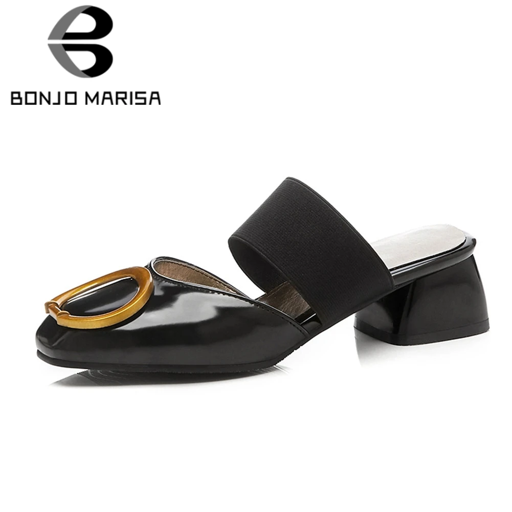 

BONJOMARISA Plus Size 32-48 Brand New Mules Metal Decoration Hoof Med Heels Shoes Woman Casual Party Retro Summer Pumps Black