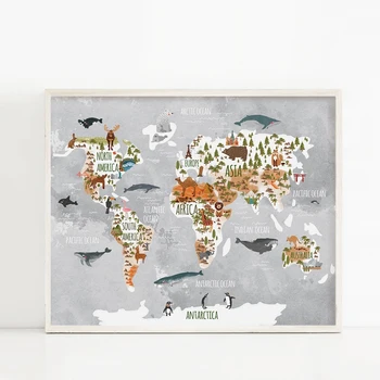 

Woodland Animal World Map Poster Art Prints Nursery Decor , Watercolor Map With Animals Canvas Painting For Kids Room Wall Art