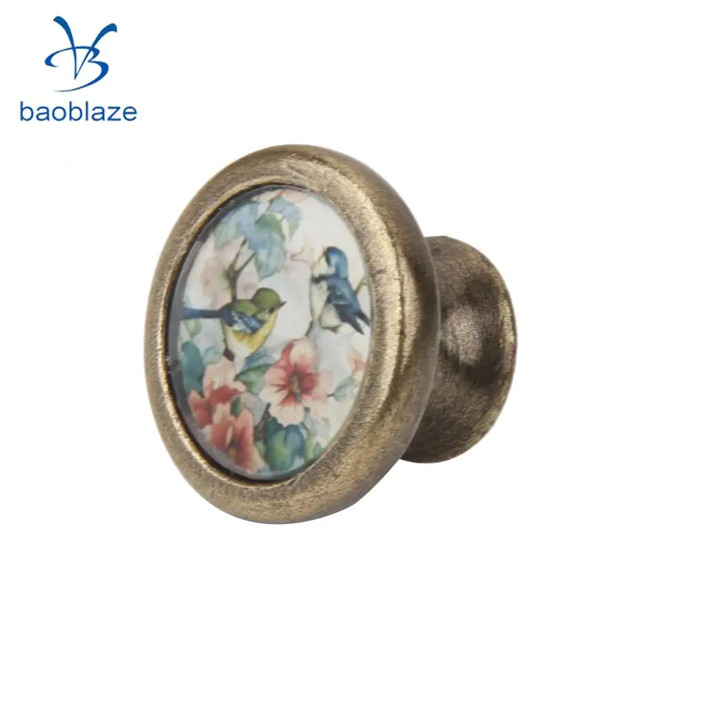 2 Pieces Vintage Retro Brass Round Cabinet Door Drawer Closet Dresser Pulls Handle Knobs with Screws Rabbit Girl + Birds Flower