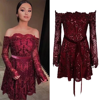 

2019 Long Sleeve Wine Red Sequin Shining Wedding Party Dress Women High Quality Off Shoulder A Line Prom Vestidos Wholesale