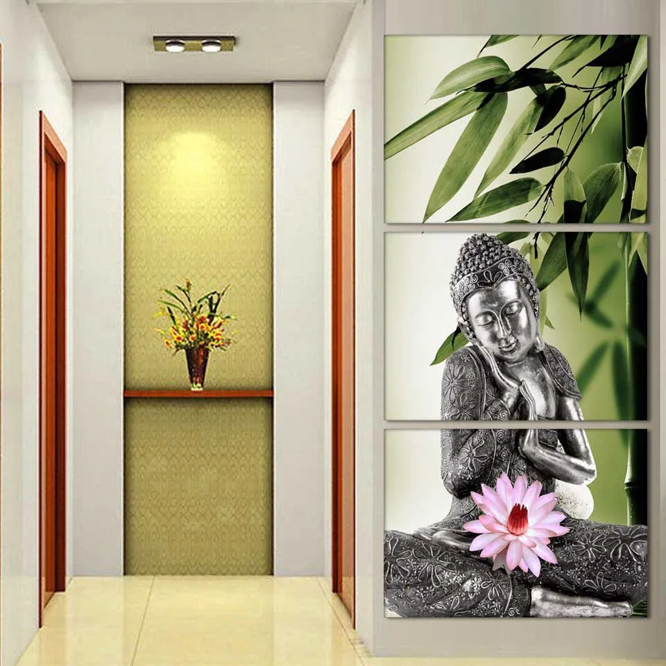 Modular HD Printed Modern Canvas Pictures 3 Panel Buddha And Bamboo Flower Home Decor Living Room Wall Art Painting Framework