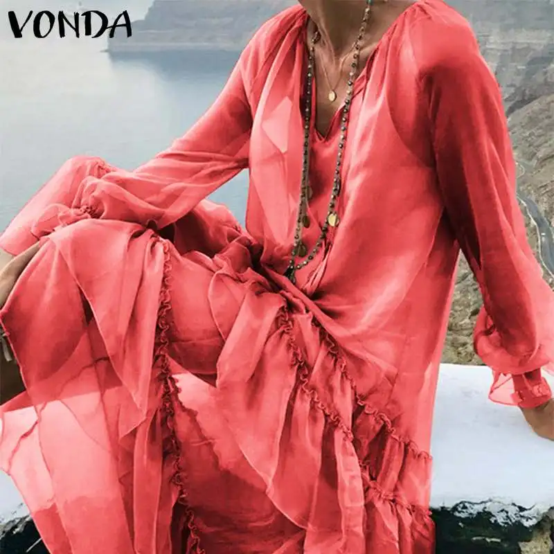 VONDA, макси платье для беременных, Robe Boheme Femme, сексуальное пляжное длинное платье, 5XL, элегантное однотонное пляжное платье размера плюс