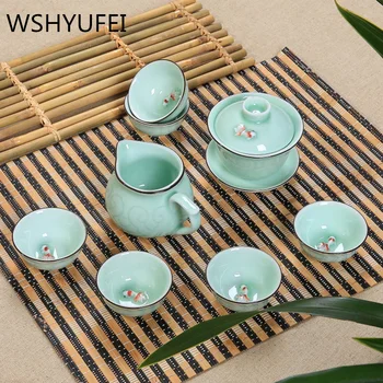 

TeaPot 9 Pcs Kung Fu Tea Set Ceramic Tea Carp pattern cup,TeaPot,Bone China GaiWan,Tea Sea,Porcelain Filter ,Tea service