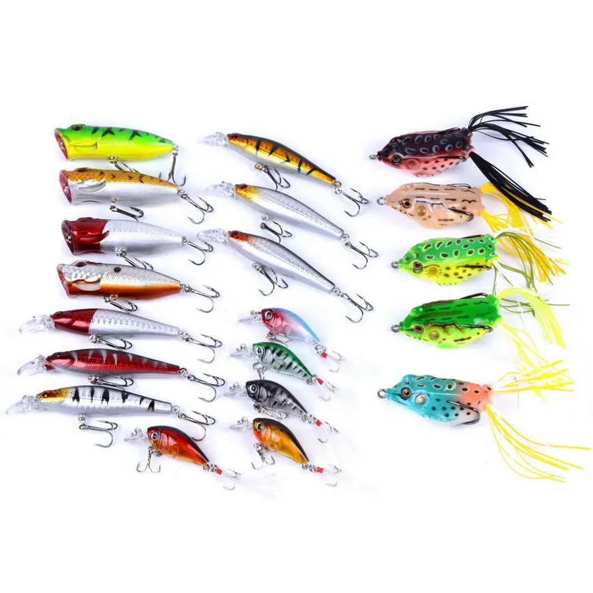 20pcs Fishing Lures Kit ( Minnow, Popper, Crank,Plastic Soft Lures Frog