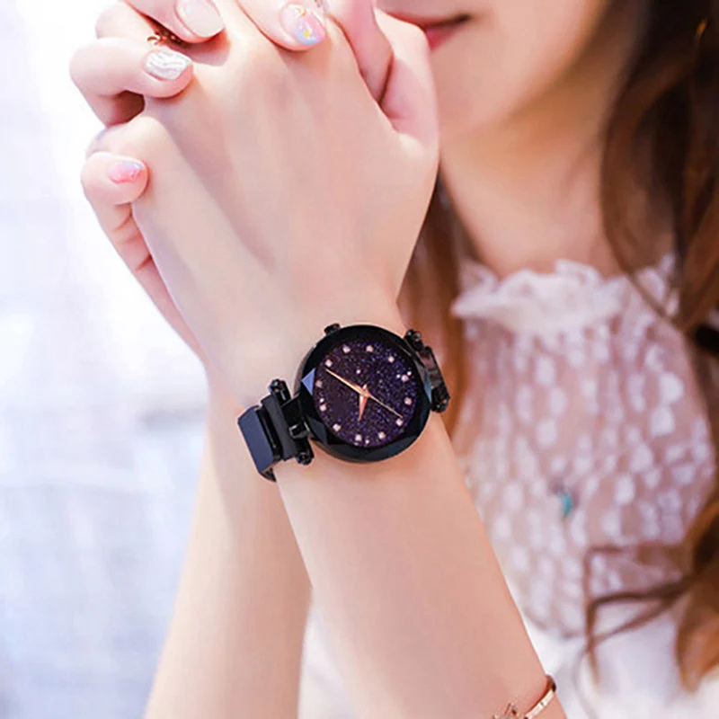 

Top Brand Watches for Women Rose Gold Mesh Magnet Buckle Star Sky Quartz Watch Geometric Surface Casual Women Quartz Wristwatch