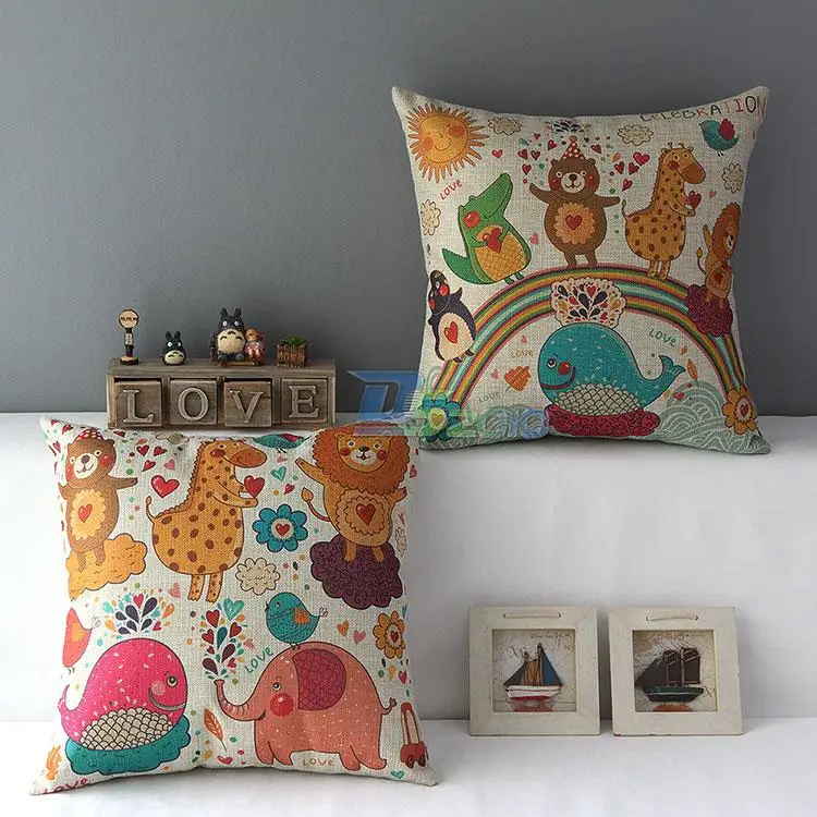 Colorful Cartoon Animals Dog Throw Pillow Case Comfortable Cotton Linen