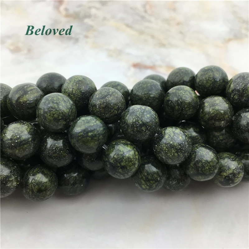 

Round Smooth Russian Serpentine Stone Loose Beads, 15.5 Inch Green Snakeskin Gems Jewelry Making Spacer Beads, BG18016