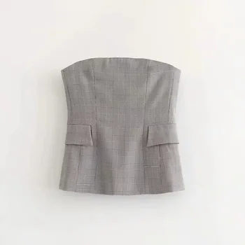 

Autumn New Product Thin Plaid Casual Strapless Crop Tops Vest Women