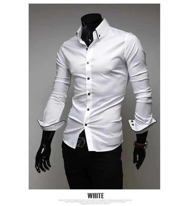 Мужские Slim fit Уникальный декольте стильное платье с длинным рукавом Мужская классическая рубашка - Цвет: Белый