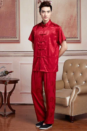 Красный китайский традиционный Мужской Шелковый атласный с коротким рукавом Shadowboxing кунг-фу куртка костюмы наборы M L XL XXL 3XL WNS 01 - Цвет: red