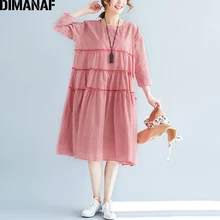 Dimanaf женский весенний платье плюс размер клетчатый принт льняные плиссированные оборки женские платья свободные повседневные Модные Платья