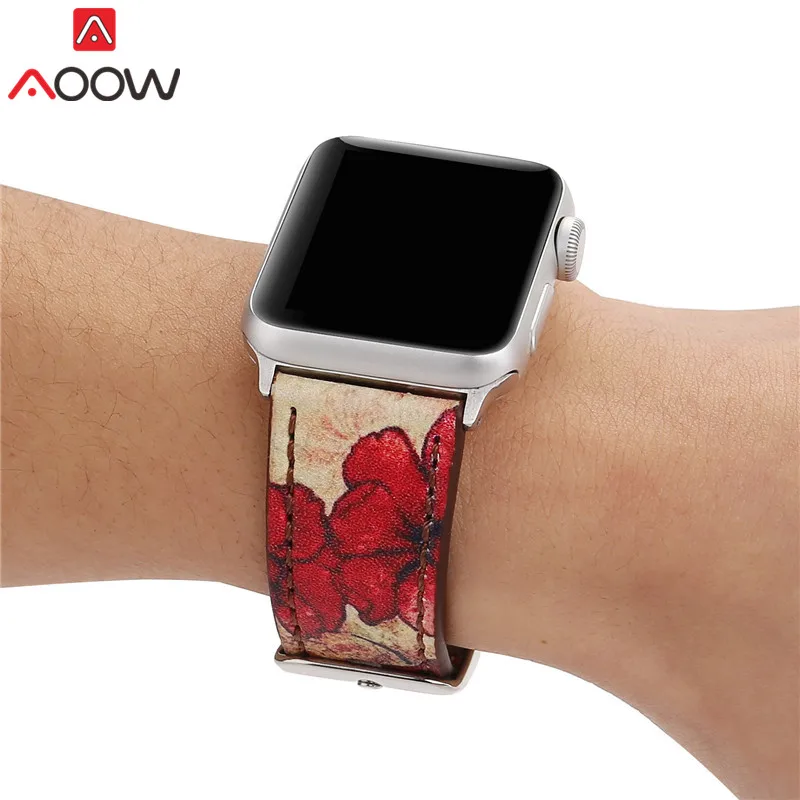 Винтажный кожаный ремешок для часов Apple Watch 38 мм 42 мм красный цветочный принт для женщин и мужчин сменный мужской т-браслет ремешок для iwatch 1 2 3