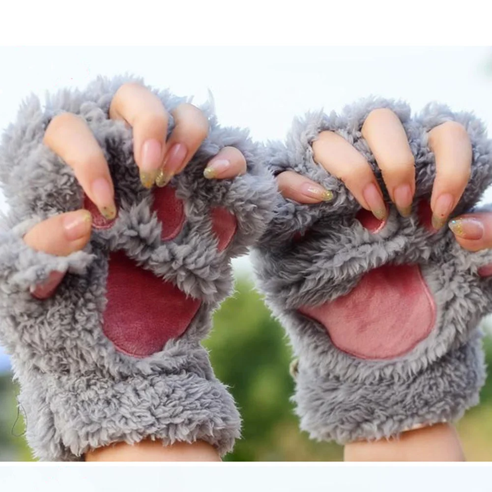 Зимние перчатки без пальцев пушистый медведь кошка плюшевый лап коготь Половина пальцев перчатки мягкие полупокрытые женские перчатки