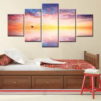 

Color Rainbow Skyline Sunset Seascape Wall Art Canvas Print Boat on the Lake at Dusk Artwork Painting Canvas for Home Wall Decor