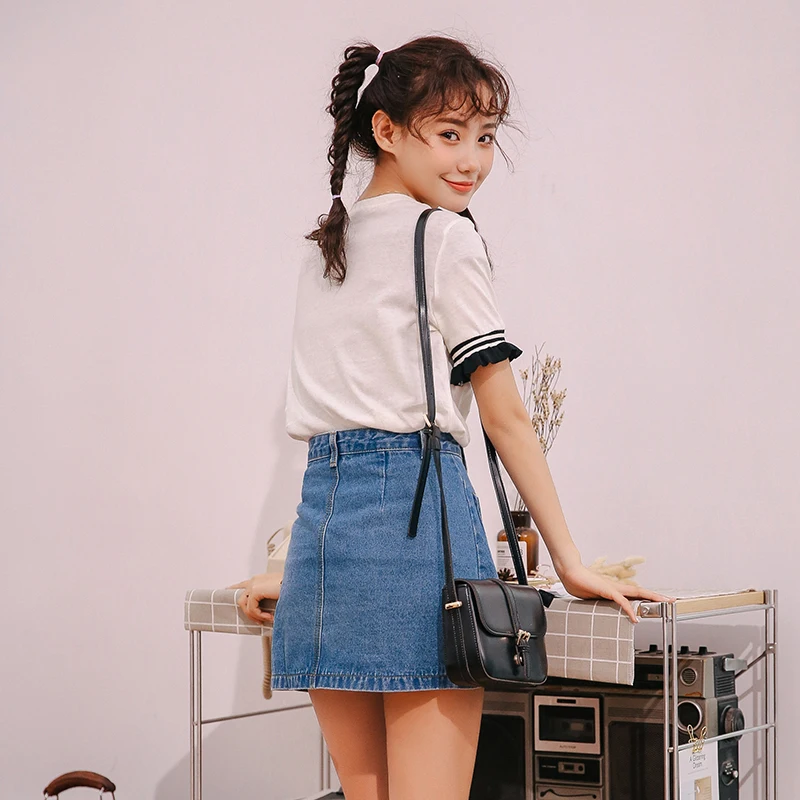 Denim Women's High Waist A-line Mini Skirt with Single Button and Pockets - Perfect for Summer image 4