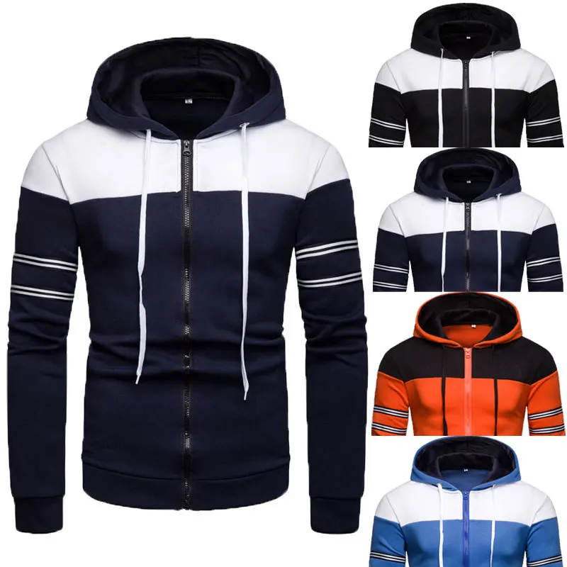 

Men's pure color stitching fleece dynamic of 2019 autumn winters is recreational multicolor hooded fleece zipper cardigan fleece