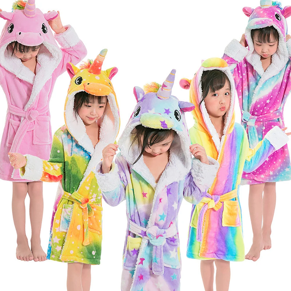 Baby Kids Homewear Bath Robes Animal Rainbow Unicorn Kigurumi Hooded Sleepwear For Boys Girls