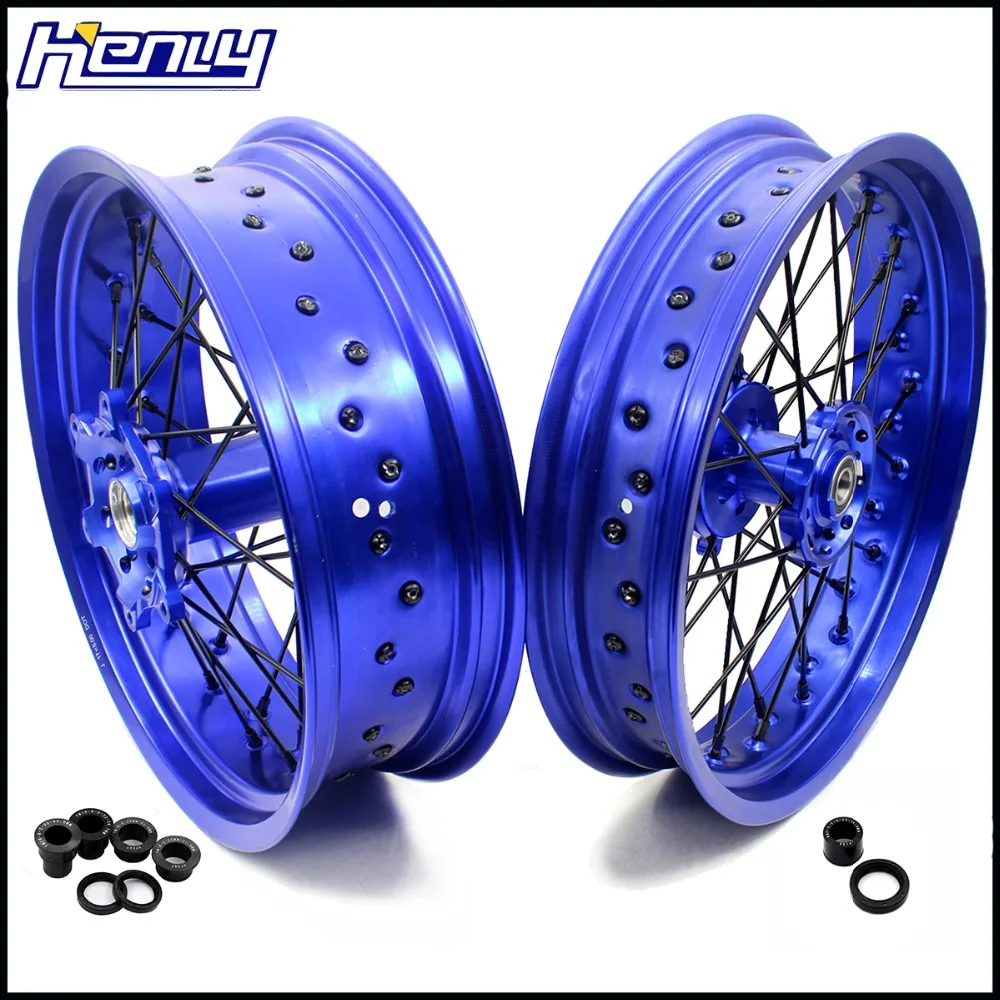 

3.5/4.25 SUPERMOTO COMPLETE WHEELS SET FOR YAMAHA WR250F 2001-2018 WR450F 2003-2018 BLUE HUB BLUE RIM BLACK SPOKE NIPPLE