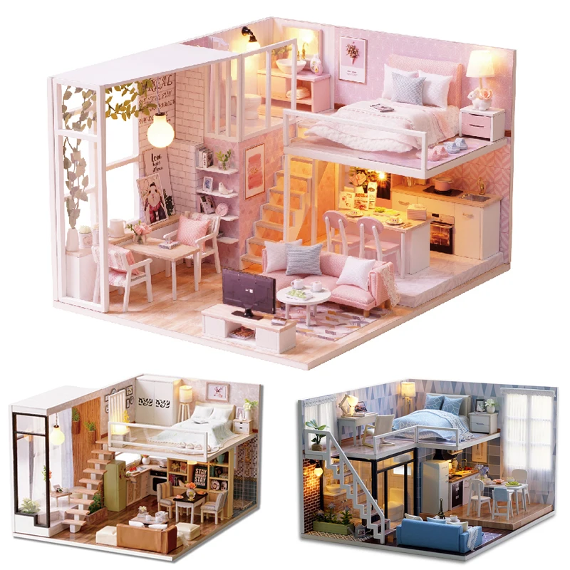 

Doll House Casa Miniature DIY Doll House With Furniture LED Light Wooden Building Kits Handmade Model Gift Toys For Children #E