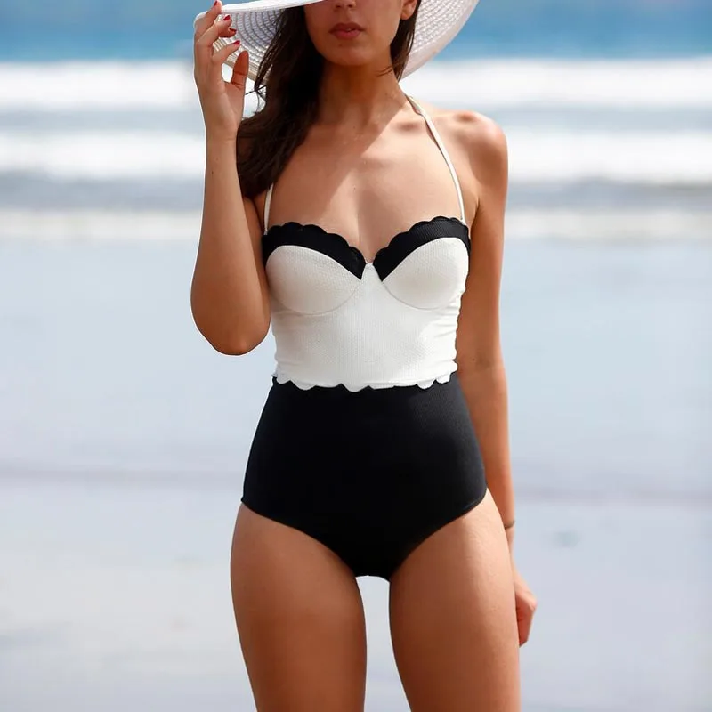 

Hot Women Padded One Piece Swimsuit Black White Push Up Swimwear Patchwork One Piece Bathing Suit Plus Size Swimwear