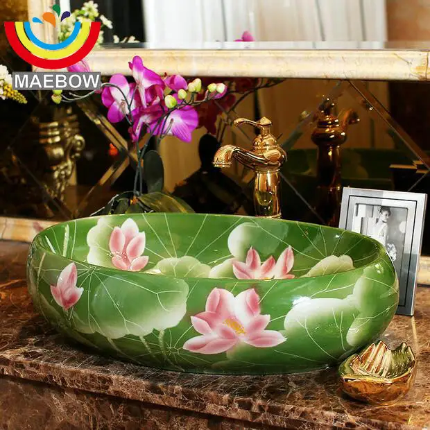 

Handpainted Green Lotus Porcelain Oval Bathroom Sink Wash Basin