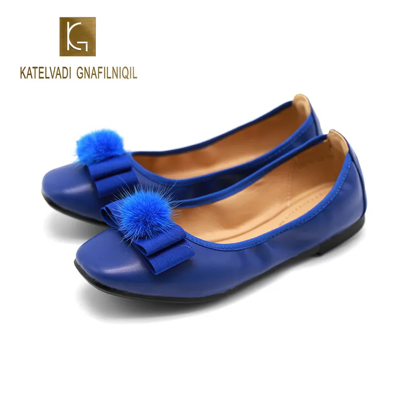 New Women Flat Shoes Summer Shallow Blue PU Faux Fur Pom Pom Butterfly-knot Flat Round Toe Shoes Flat Shoes K-286