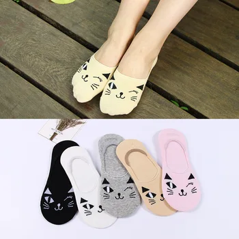 

5pairs/lot Cotton Ladies Socks Spring Summer Invisible Silicone Sock Cute Cat Women Slippers