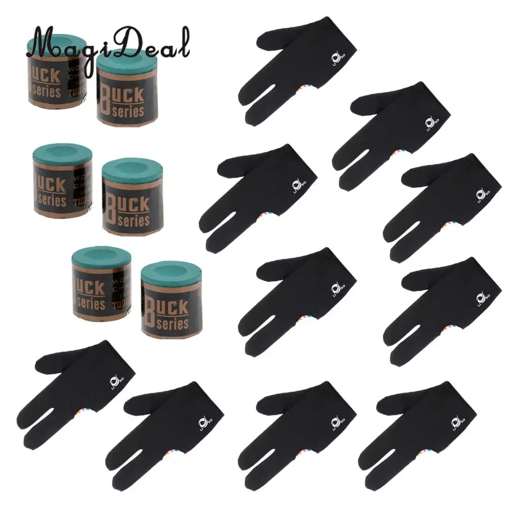 MagiDeal 6 Pieces Snooker Pool Cue Tip Table Billiard Chalk cube + 10pcs 3 Finger Billiards Glove