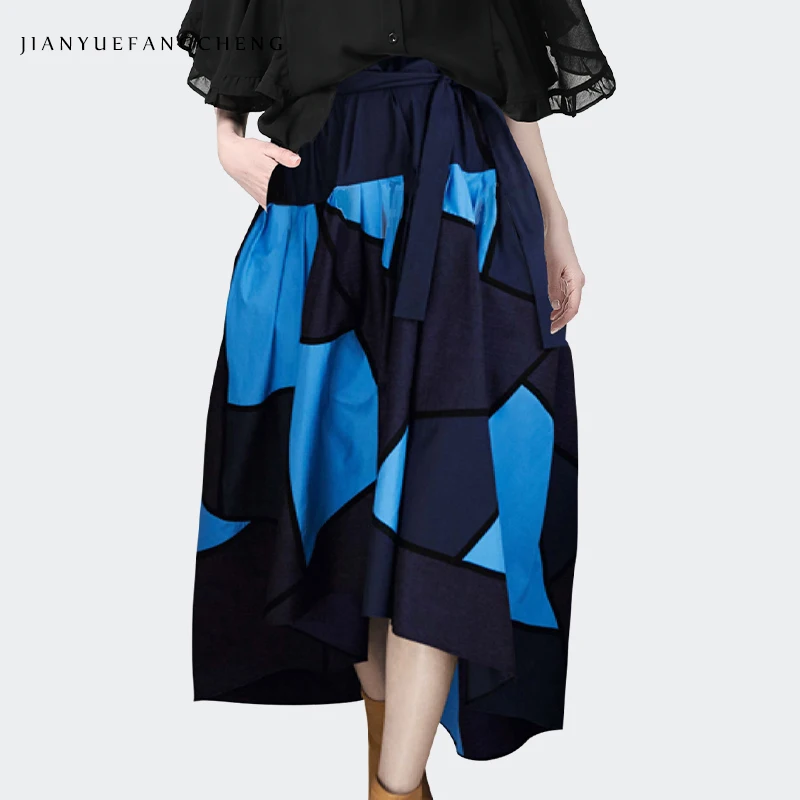 

2019 Summer Womens Pleated Blue Irregular Midi Skirt High Waist A-Line Sashes Lace Up Big Swing Loose Plus Size Street wear Jupe