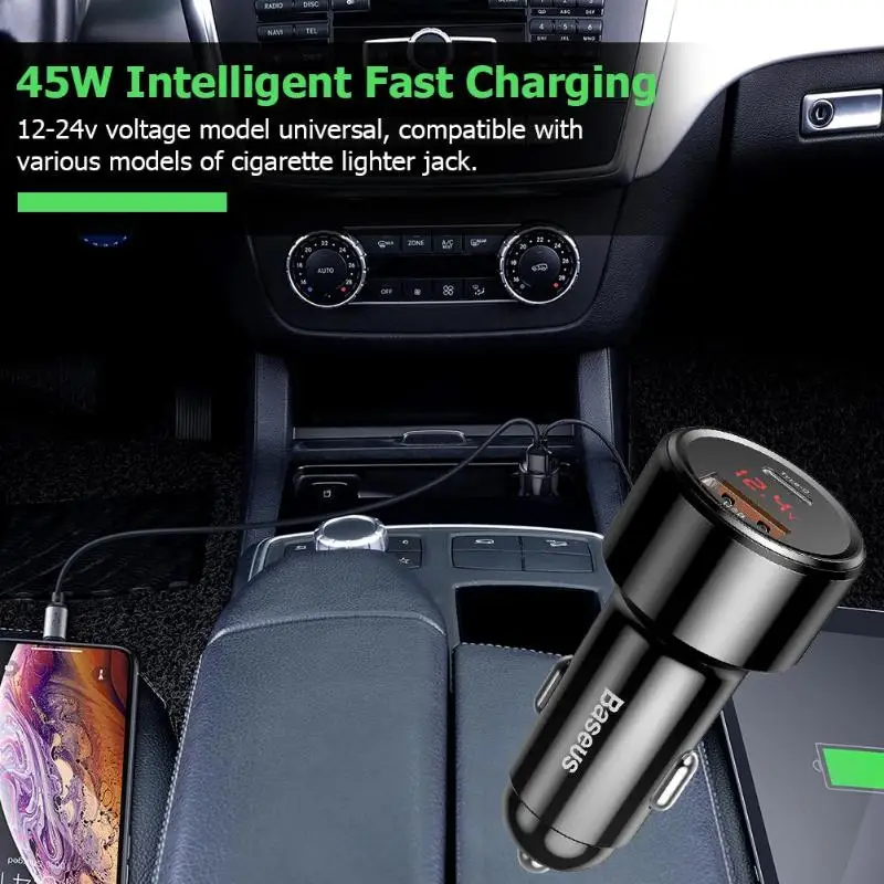 

Baseus 45W Quick Charge 3.0 USB Car Charger Type C PD Fast Phone Charger