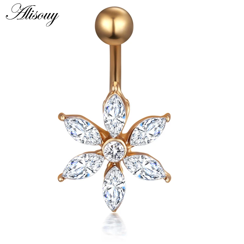 Love Heart Belly Button Rings Bar Gold Color Surgical Steel Navel Piercing Sexy Body Jewelry for Women CZ Navel Piercing rings