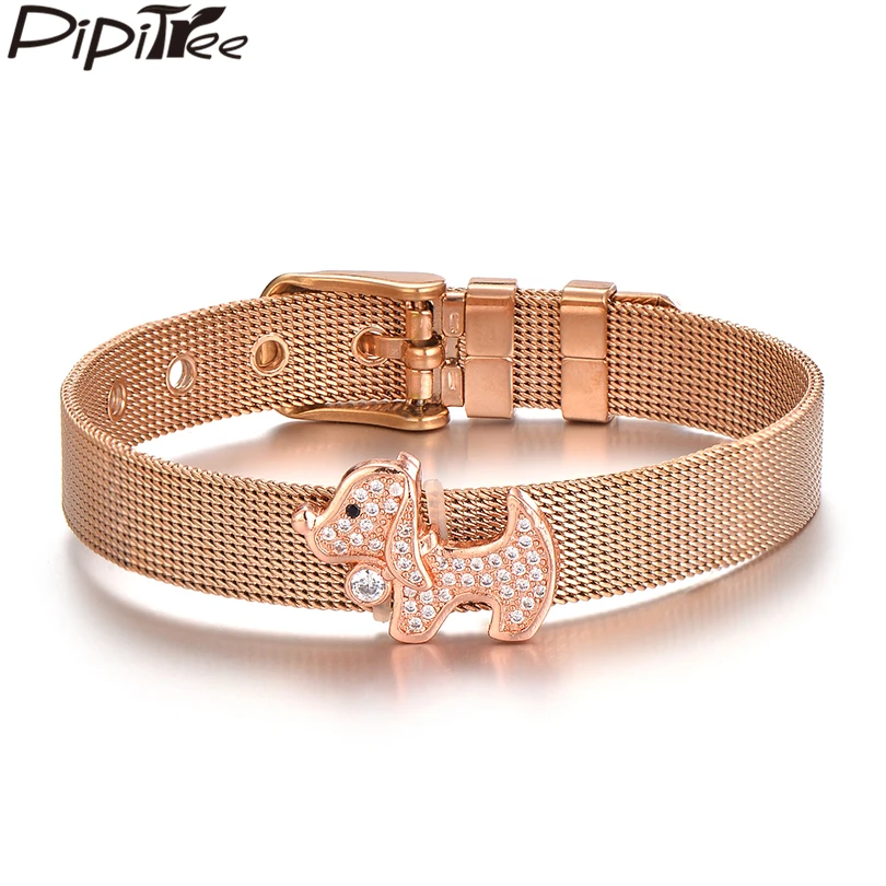 

Pipitree CZ Zircon Puppy Dog Charm Stainless Steel Bracelets & Bangles for Women Adjustable Buckle Mesh Bracelet Fashion Jewelry