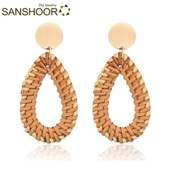 

SANSHOOR 2.6*1.2cm Handwoven Rattan Earrings Natural Wood Waterdrop Shaped Handmade Dangler Boho Jewelry Gift for Women 6 Pairs